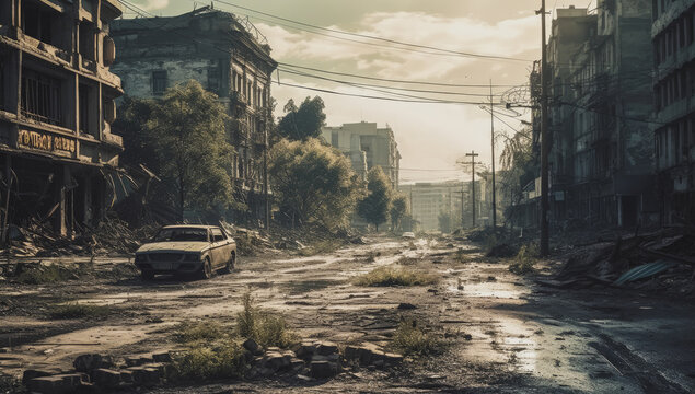 A post-apocalyptic street scene with an abandoned car. Generative AI