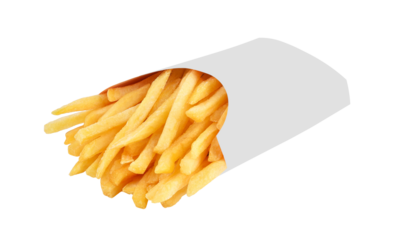 French fries in a white paper box isolated on transparent background. PNG