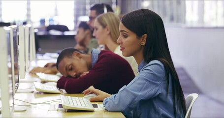 Tired, yawn or student girl working on computer for research in university, school or college classroom. Library, education or students burnout on tech for internet study, online search or fatigue - Powered by Adobe