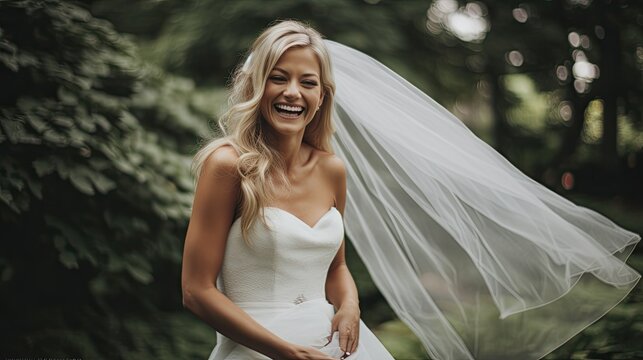 Portrait photograph of Happy bride in wedding dress smiling in garden wedding, Generative AI