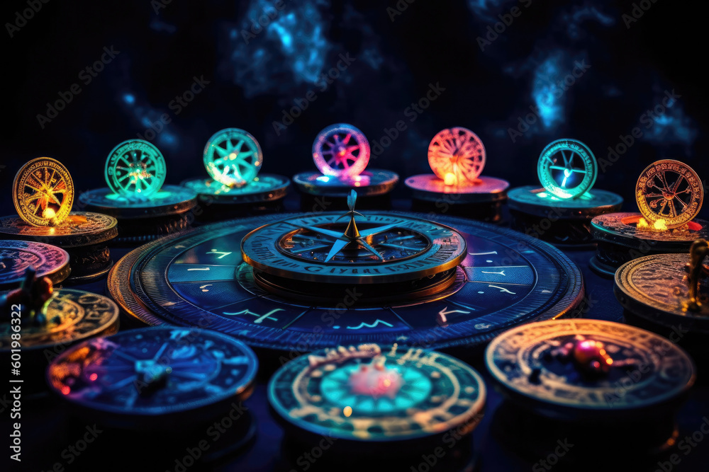 Wall mural Wheel of Destiny, Horoscope and Astrology background created with Generative AI technology.