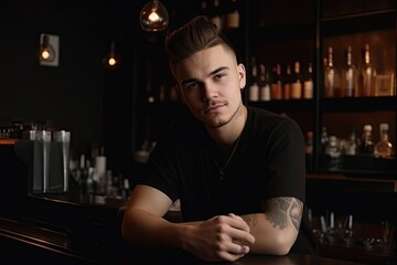 Portrait of a handsome barista in black t - shirt and apron in modern cafe. Ai generative.