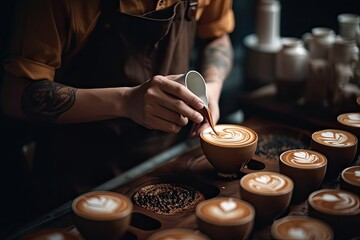 Fototapeta na wymiar Barista hand making a cup of coffee. Ai generative.