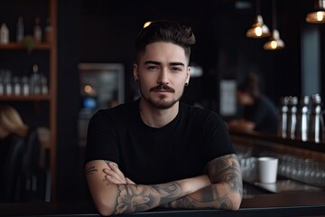 Portrait of a handsome barista in black t - shirt and apron in modern cafe. Ai generative.
