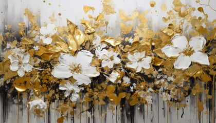 Illustration of a gold and white floral oil painting for home decor. Generative AI