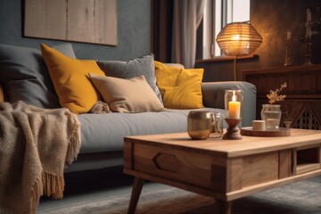 decor home modern interior grey pillow sofa chair yellow house cushion. Generative AI.