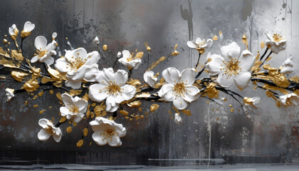 Illustration of a white and gold floral oil painting on a gray background. Generative AI