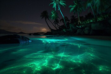 Plakat luminous sky beach palm ocean blue night vacation tree paradise tropical. Generative AI.