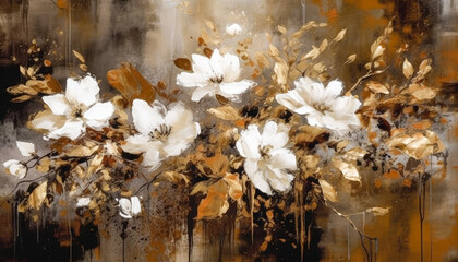 A golden yellow and white floral oil painting art and abstract textured wall decor. Generative AI
