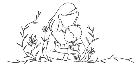 Mother and son line art style vector illustration, mothers day, parents day line art vector illustration
