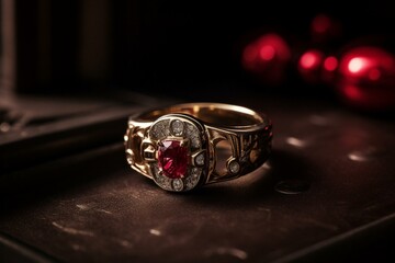 A hinged lock and a three-stone engagement ring with ruby solitaires depicted in 3D. Generative AI