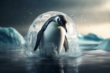 Illustration of Arctic climate crisis highlighting global warming, melting ice & penguin effects. Generative AI