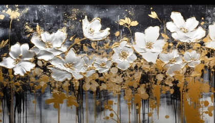 A golden yellow and white floral oil painting art and abstract textured wall decor. Generative AI