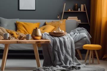 yellow interior modern home pillow grey cushion loft sofa house decor. Generative AI.