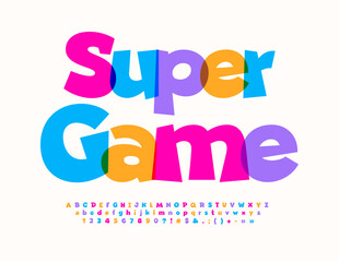 Vector watercolor Emblem Super Game. Creative Kids Font. Bright Artistic Alphabet Letters and Numbers.