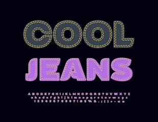 Vector trendy emblem Cool Jeans. Violet jeans Font. Creative set of textured denim Alphabet Letters, Numbers and Symbols