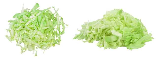 Green chopped cabbage isolated on white background with full depth of field. Top view. Flat lay.