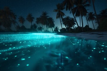 Fototapeta na wymiar beach vacation paradise blue night tree sky ocean palm luminous tropical. Generative AI.