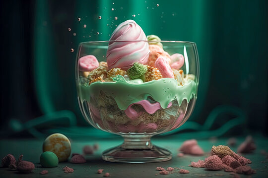 Illustration of a colorful bowl overflowing with candy and marshmallows, perfect for summer snacking created with Generative AI technology
