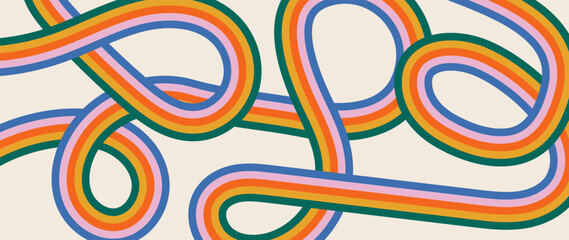 Groovy abstract background with curve colorful lines. 60-70s style retro pattern with rainbow colors stripes. Trendy psychedelic wave cartoon backdrop. Vintage hippie stripe print vector illustration