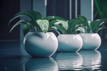 A row of white vases with various plants as home decor created with Generative AI technology