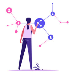 Woman touching network structure. Concept of online or digital content sharing, social media activity, internet blogging, transfer of information