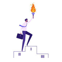 Businessman or entrepreneur holding burning torch and giving speech. Concept of leadership in business, successful leader or motivational speaker - obrazy, fototapety, plakaty