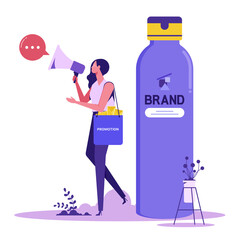 Shouting woman with megaphone or bullhorn and paper coffee cup. Concept of public product promotion, audio advertisement or promo message