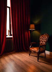 room with red curtains