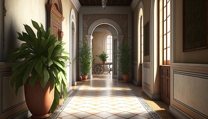Fototapeta na wymiar Long and bright mediterrean hallway with marble tile floor big window, potted plants and front door. Generative AI