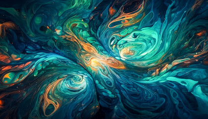 An abstract painting with fluid blue, orange, and yellow colors. Generative AI
