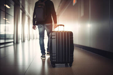 Man with suitcase in hall of airport before trip, ai generative