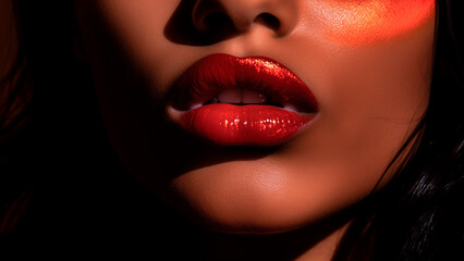Close-up shot of a beautiful woman's lips with red lipstick. Generative AI.