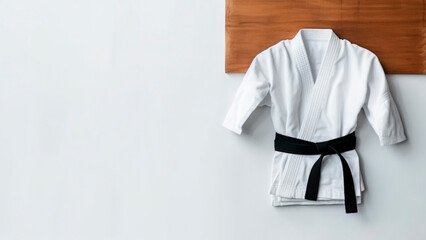 Kimono with a Black Belt on a Wooden Board with White Background with Copy Space. Symbol of Mastery in Martial Arts.