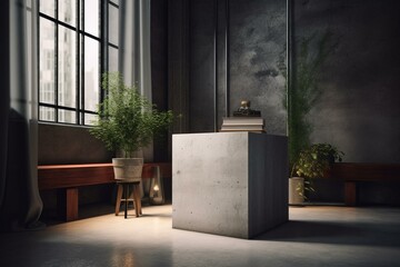 3D rendering of cement podium in loft for product presentation. Generative AI