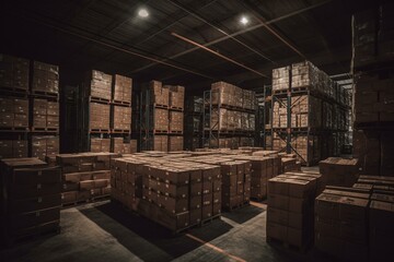 A warehouse filled with packaged goods and boxes for storing and distributing products. Generative AI