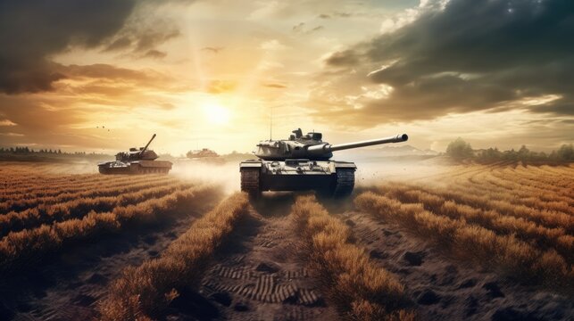 tanks crosses ukrainian field during war invasion, AI Generated.  Generative AI