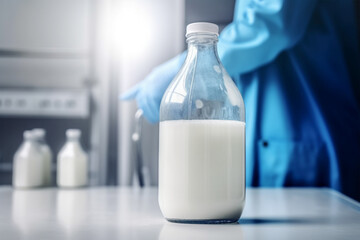 Milk glass bottle in laboratory. Concept for lab grown milk from artificial cultured dairy production. Generative AI illustration