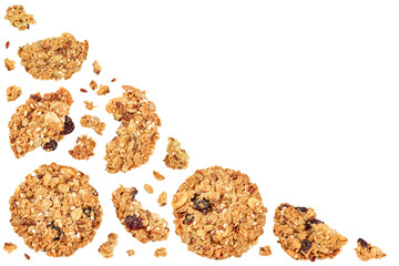 Granola cookie isolated on white background with full depth of field. Top view with copy space for your text. Flat lay.