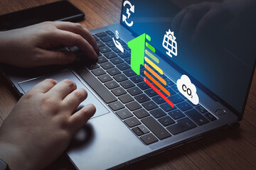 Woman use laptop rating energy efficiency and eco home renovation. Low consumption ecological...