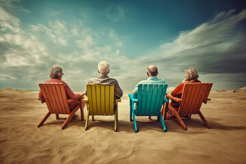 Elderly couples enjoying a day on the beach, reminiscing about past memories. Generative AI