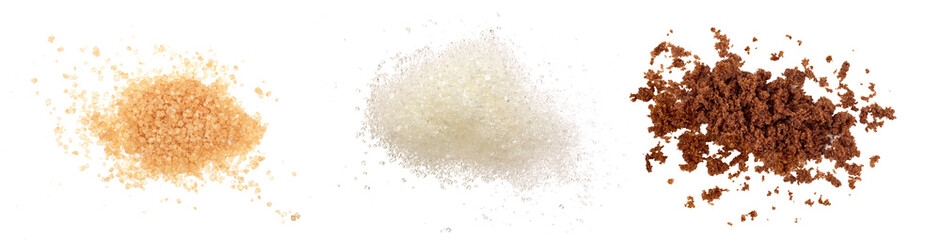 brown white and muscovado sugar isolated on white background. Top view. Flat lay
