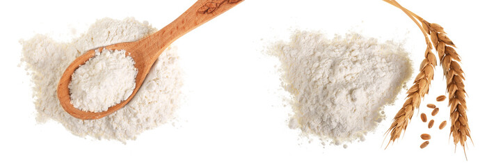 Pile of flour in wooden spoon isolated on white background. Top view. Flat lay