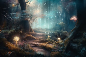 Background of a mystical forest filled with magical elements and whimsical colors. Generative AI