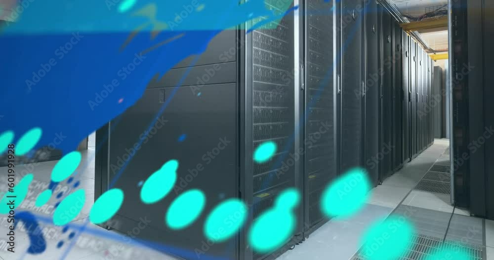 Poster animation of data processing over world map against computer server room