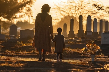 African americn mother with kid visiting grave in cemetery in sunset. Generative AI.