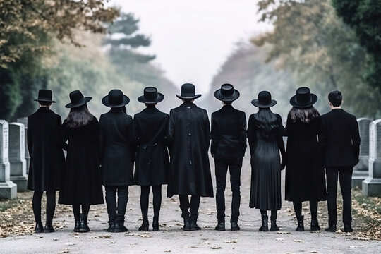 Group of witches or goths in black clothes at cemetary. Generative AI.