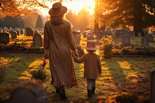 Mother with kid visiting grave in cemetery in sunset. Generative AI.