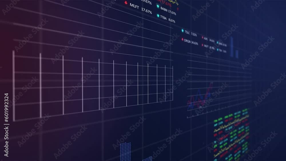 Poster animation of statistical and stock market data processing against purple gradient background
