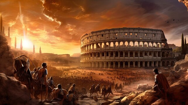 A detailed illustration of Rome's Colosseum at sunset with gladiators in the foreground and a dramatic sky overhead.

